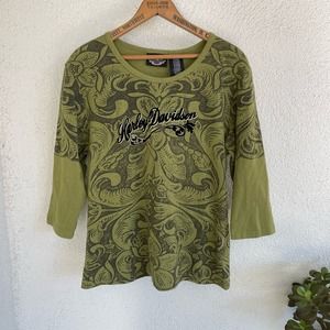 Y2K 00s Green paisley long sleeve with Velvet detail by Harley Davidson